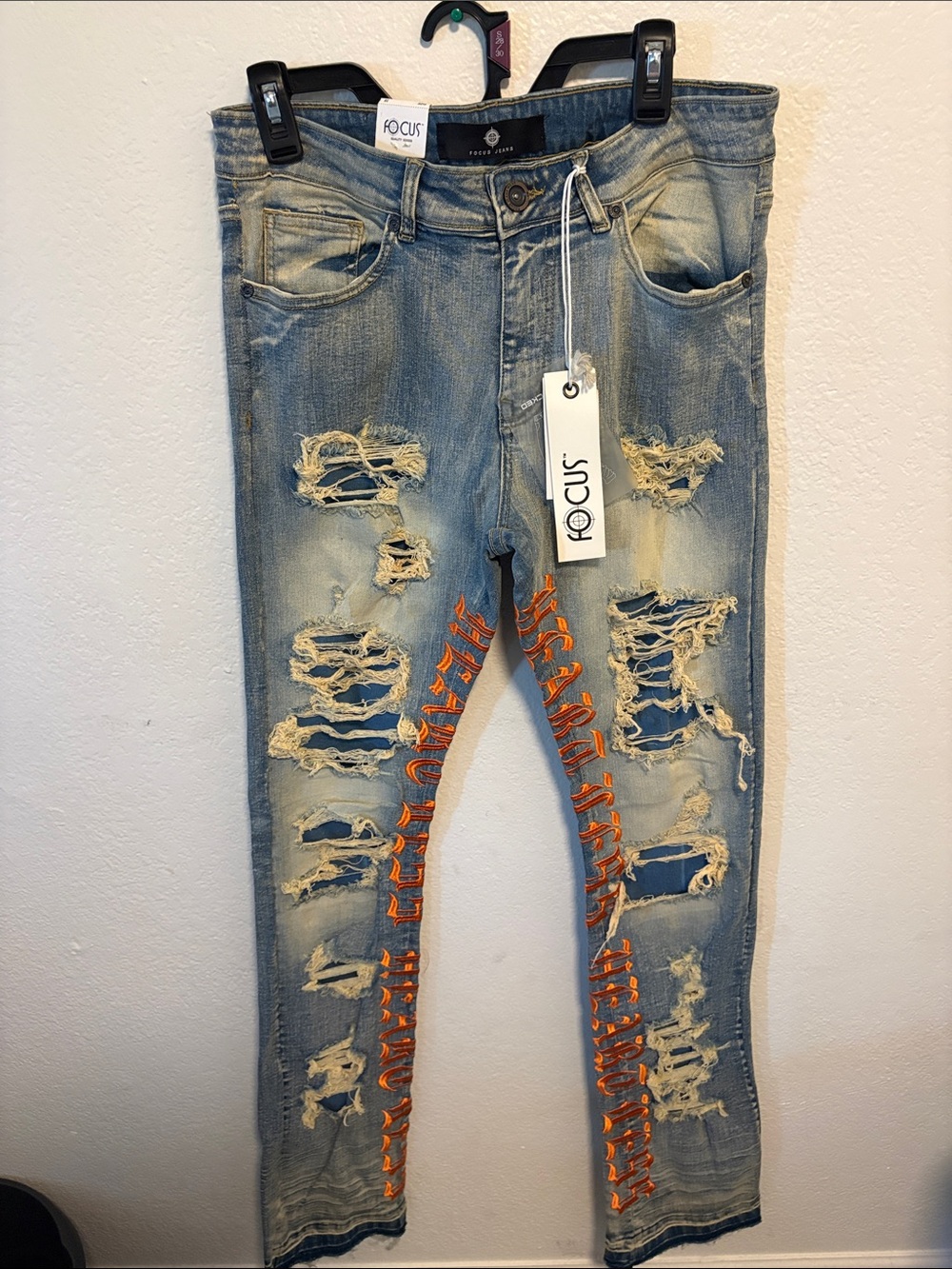 Focus Distressed Light Wash Jeans with Orange Lace-Up Detail
